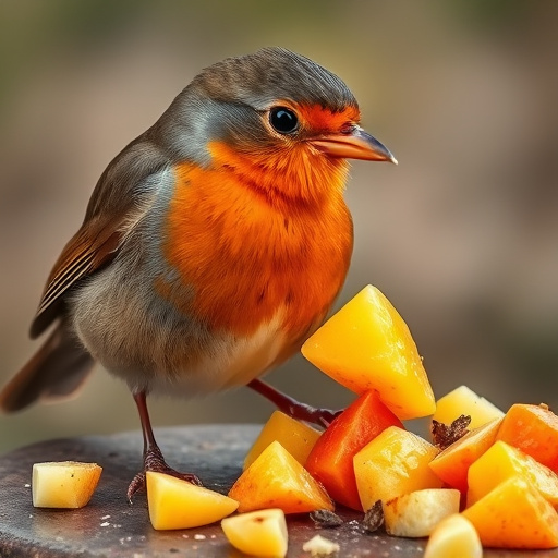 Robin nibbling on chopped fruit pieces