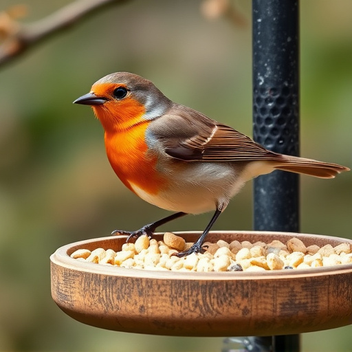 Robin on bird table with suet pellets