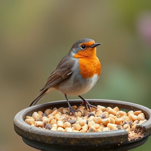 Robin on bird table with suet pellets