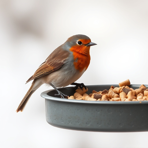 Robin on bird table with suet pellets