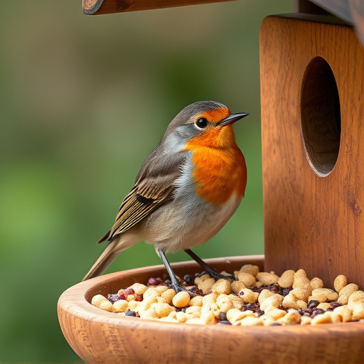 Robin on bird table with suet pellets