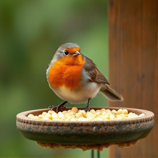 Robin on bird table with suet pellets