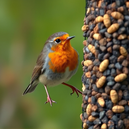 Robin pecking at suet pellets