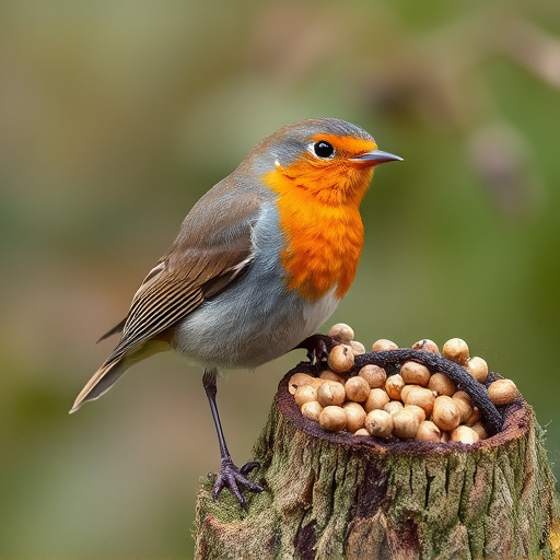 Robin pecking at suet pellets