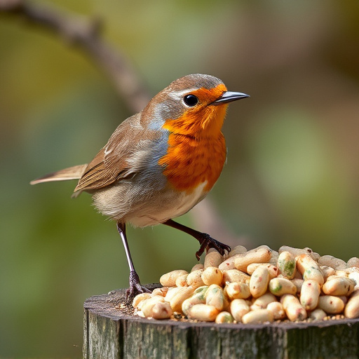 Robin pecking at suet pellets