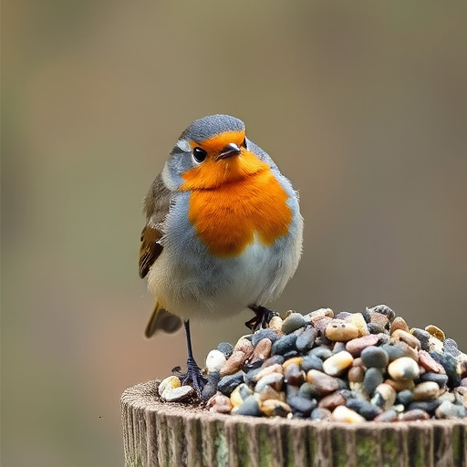 Robin pecking at suet pellets