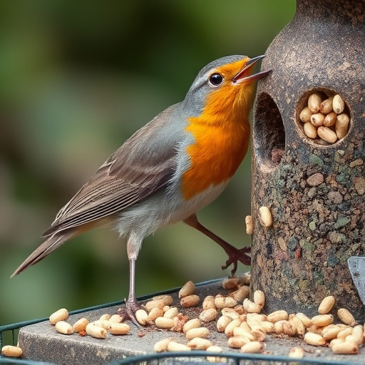 Robin pecking at suet pellets