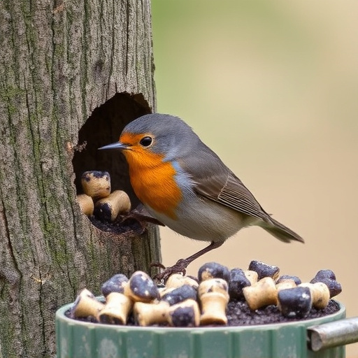 Robin pecking at suet pellets