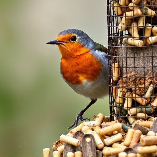 Robin pecking at suet pellets