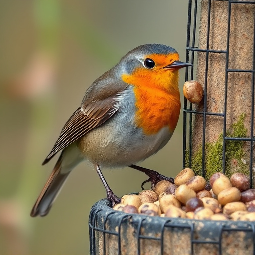 Robin pecking at suet pellets