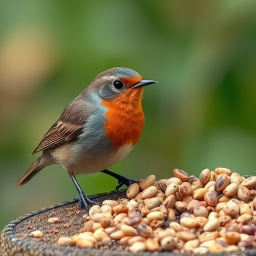 Robin pecking at suet pellets