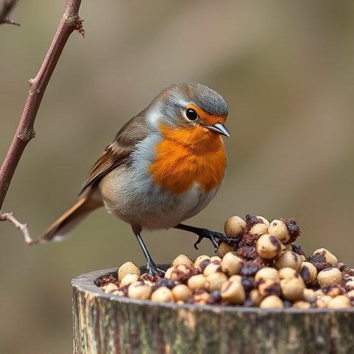 Robin pecking at suet pellets