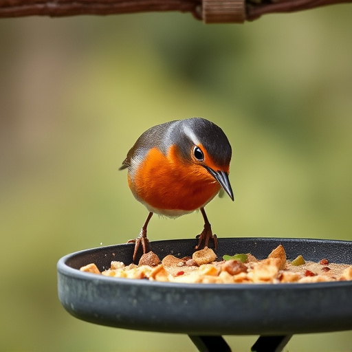 Robin pecking food from bird table