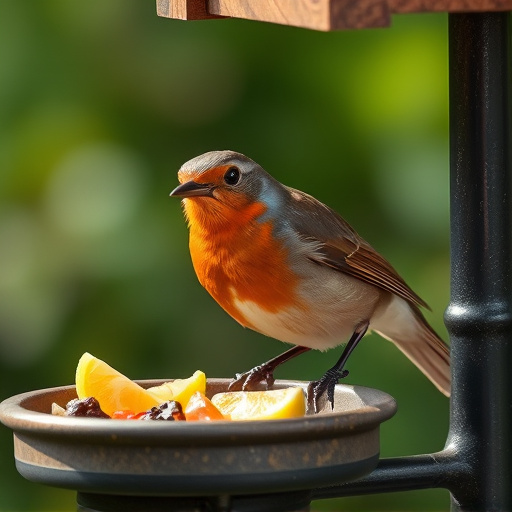 Robin pecking food from bird table