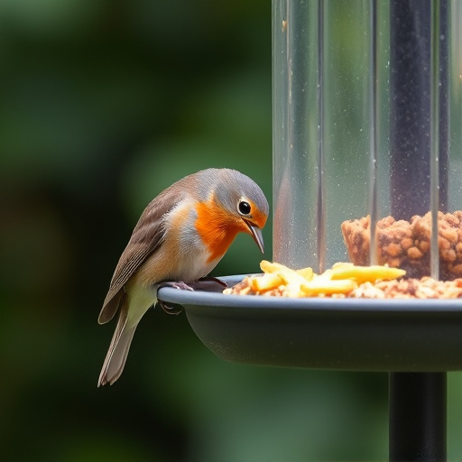 Robin pecking food from bird table