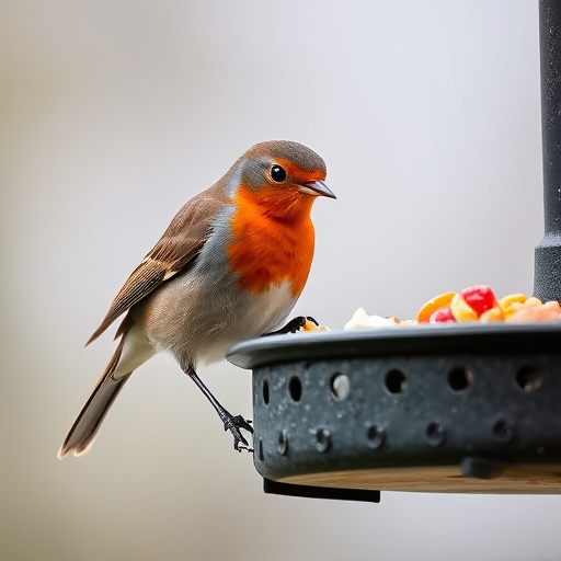 Robin pecking food from bird table