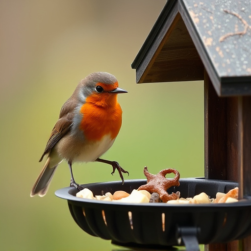 Robin pecking food from bird table