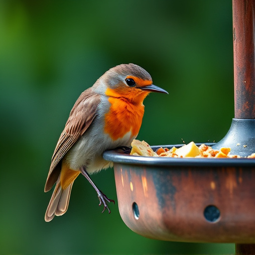 Robin pecking food from bird table