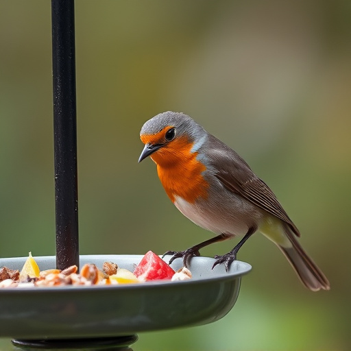 Robin pecking food from bird table