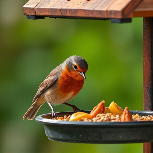 Robin pecking food from bird table