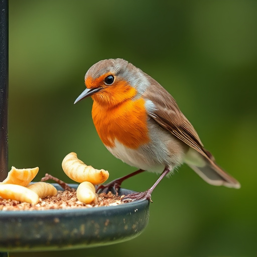 Robin pecking food from bird table