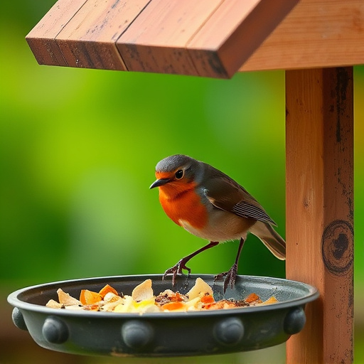 Robin pecking food from bird table