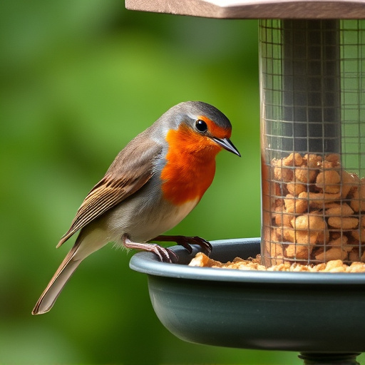 Robin pecking food from bird table