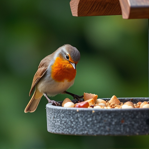 Robin pecking food from bird table