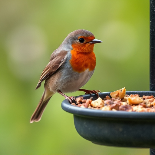 Robin pecking food from bird table