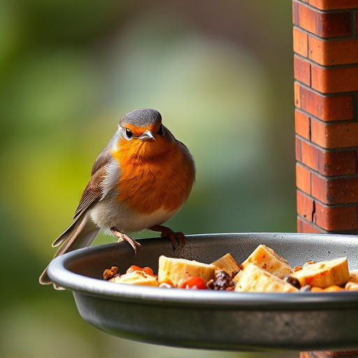 Robin pecking food from bird table