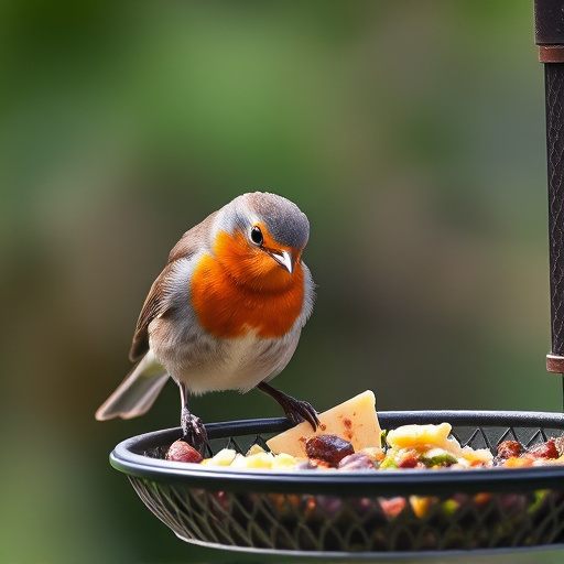 Robin pecking food from bird table