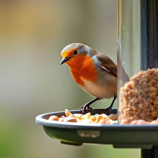 Robin pecking food from bird table