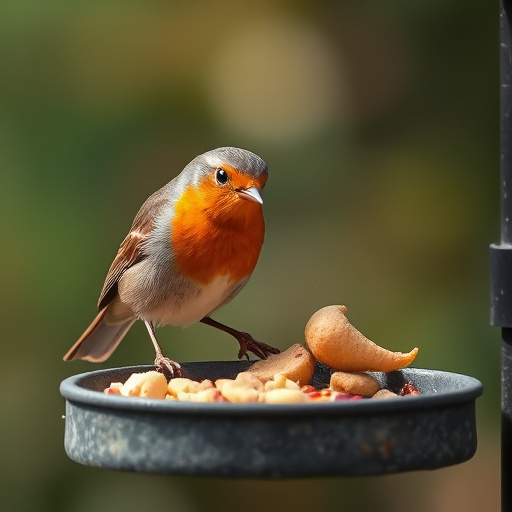 Robin pecking food from bird table