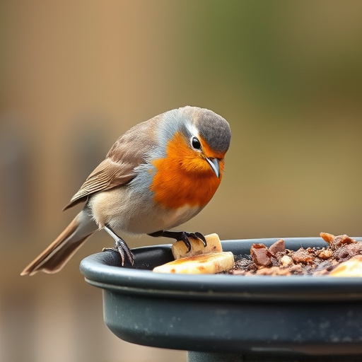 Robin pecking food from bird table