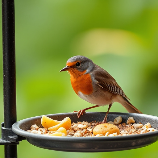Robin pecking food from bird table