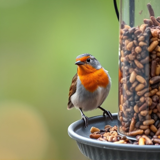 Robin perched beside a seed feeder