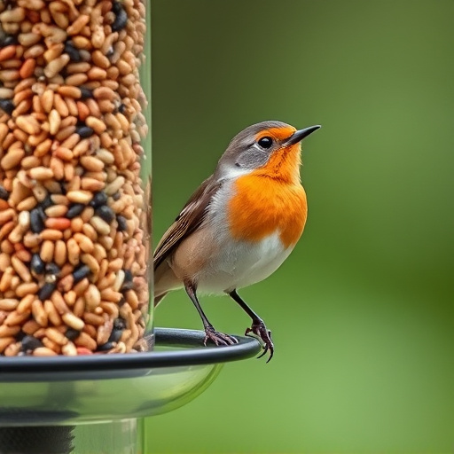 Robin perched beside a seed feeder