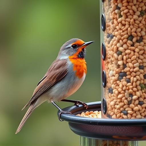 Robin perched beside a seed feeder