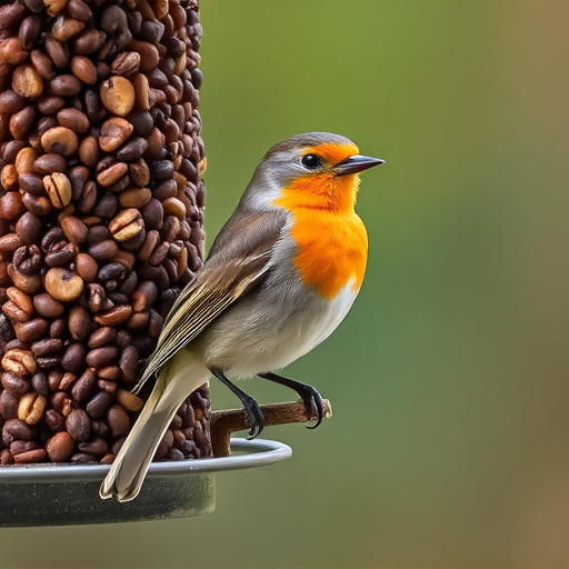 Robin perched beside a seed feeder