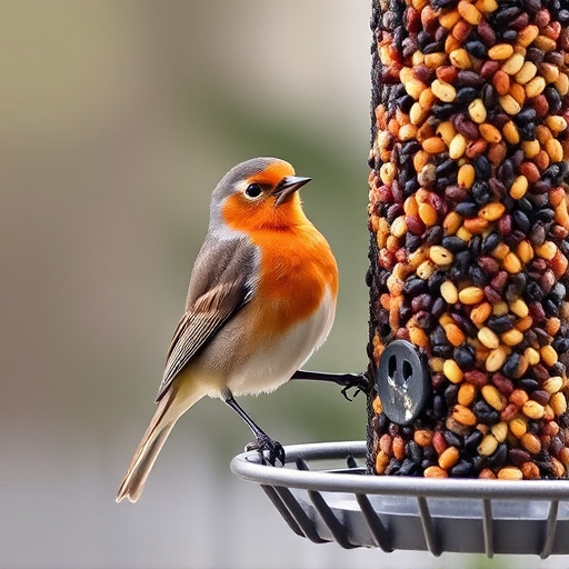 Robin perched beside a seed feeder