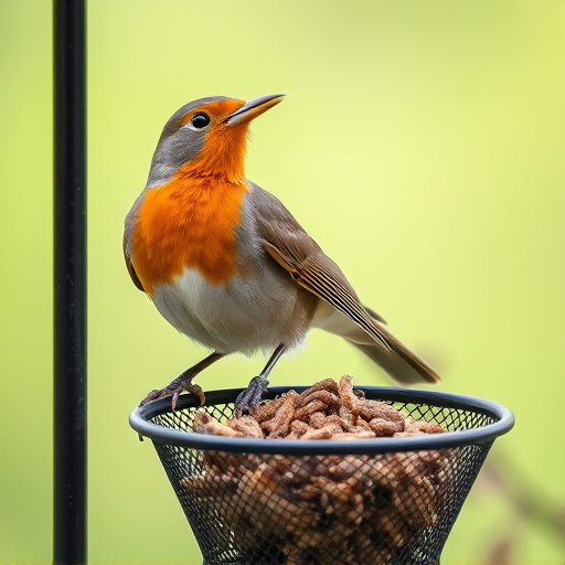 Robin perched beside mesh mealworm feeder