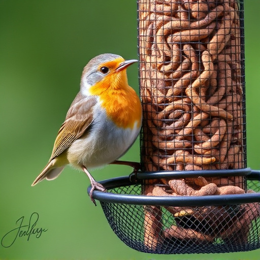 Robin perched beside mesh mealworm feeder