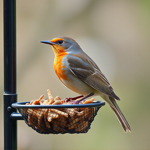 Robin perched beside mesh mealworm feeder