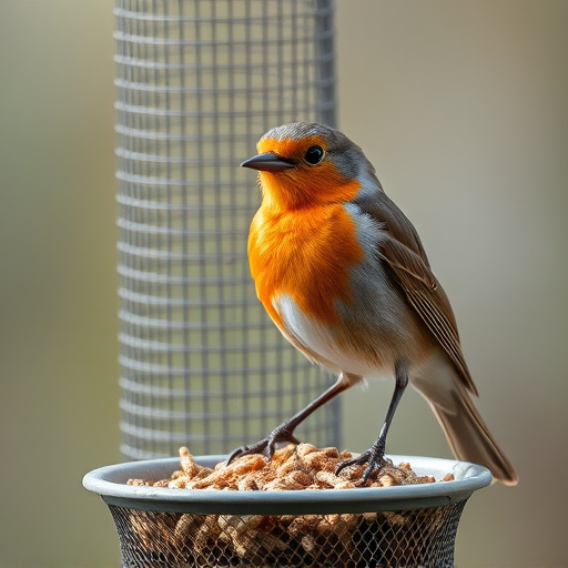 Robin perched beside mesh mealworm feeder