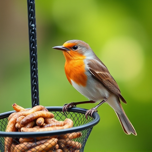 Robin perched beside mesh mealworm feeder