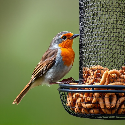 Robin perched beside mesh mealworm feeder