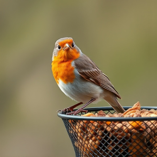 Robin perched beside mesh mealworm feeder