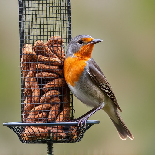 Robin perched beside mesh mealworm feeder
