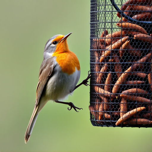 Robin perched beside mesh mealworm feeder