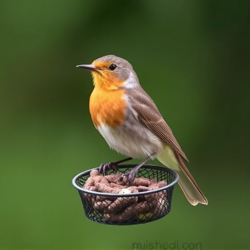 Robin perched beside mesh mealworm feeder